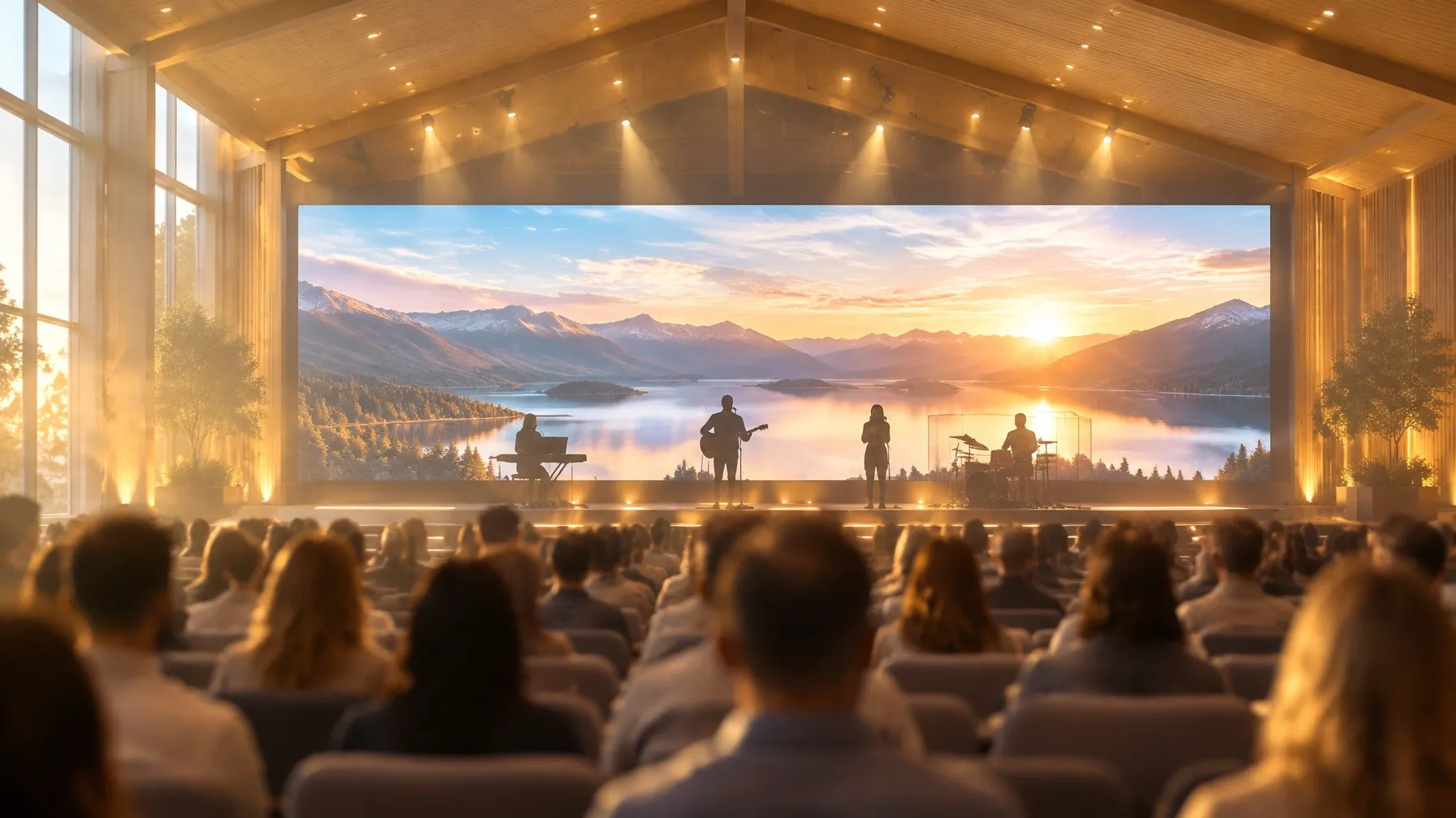 Bright sanctuary hall with a large glowing LED video wall behind a stage