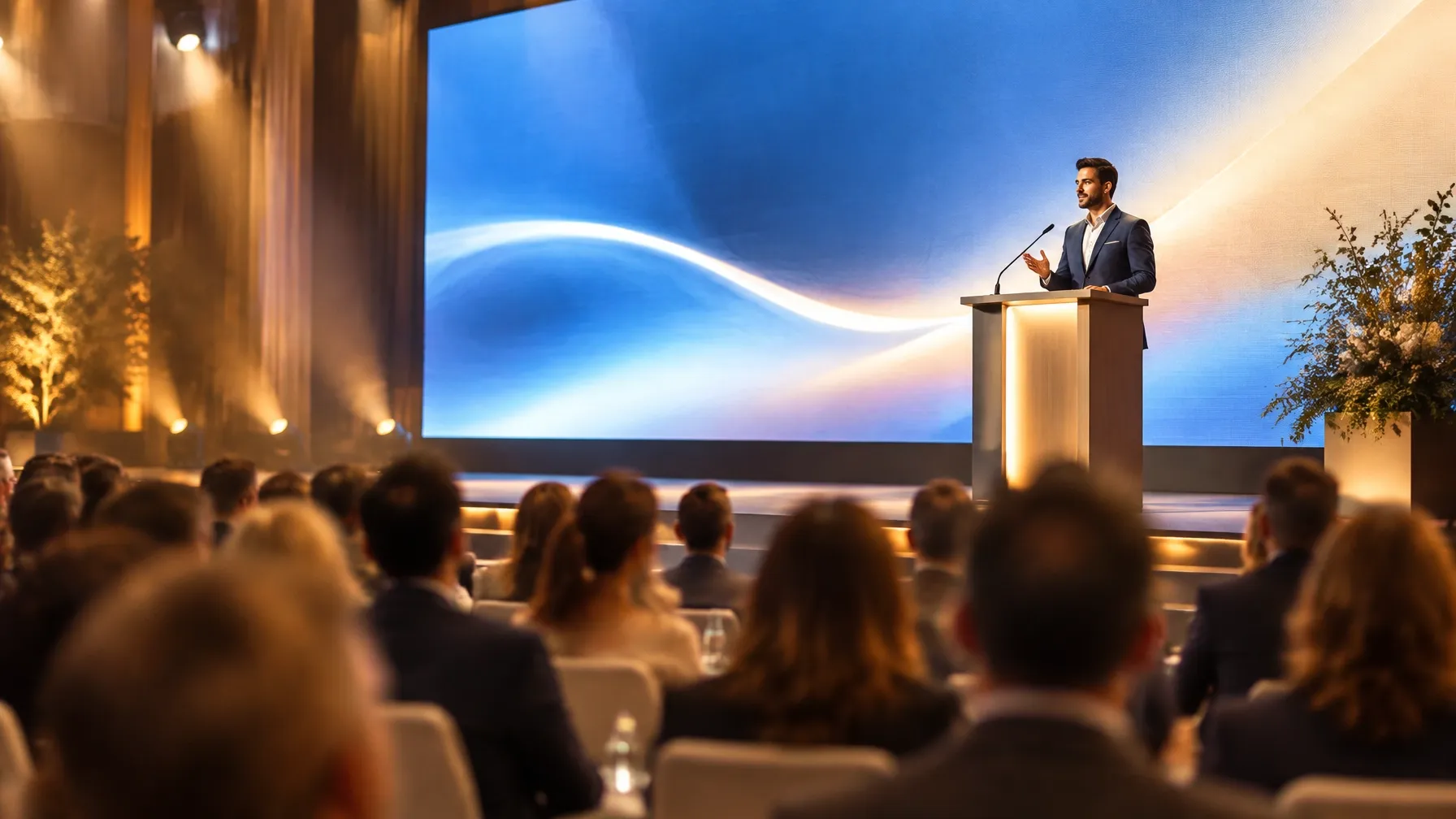Bright conference stage with an LED backdrop