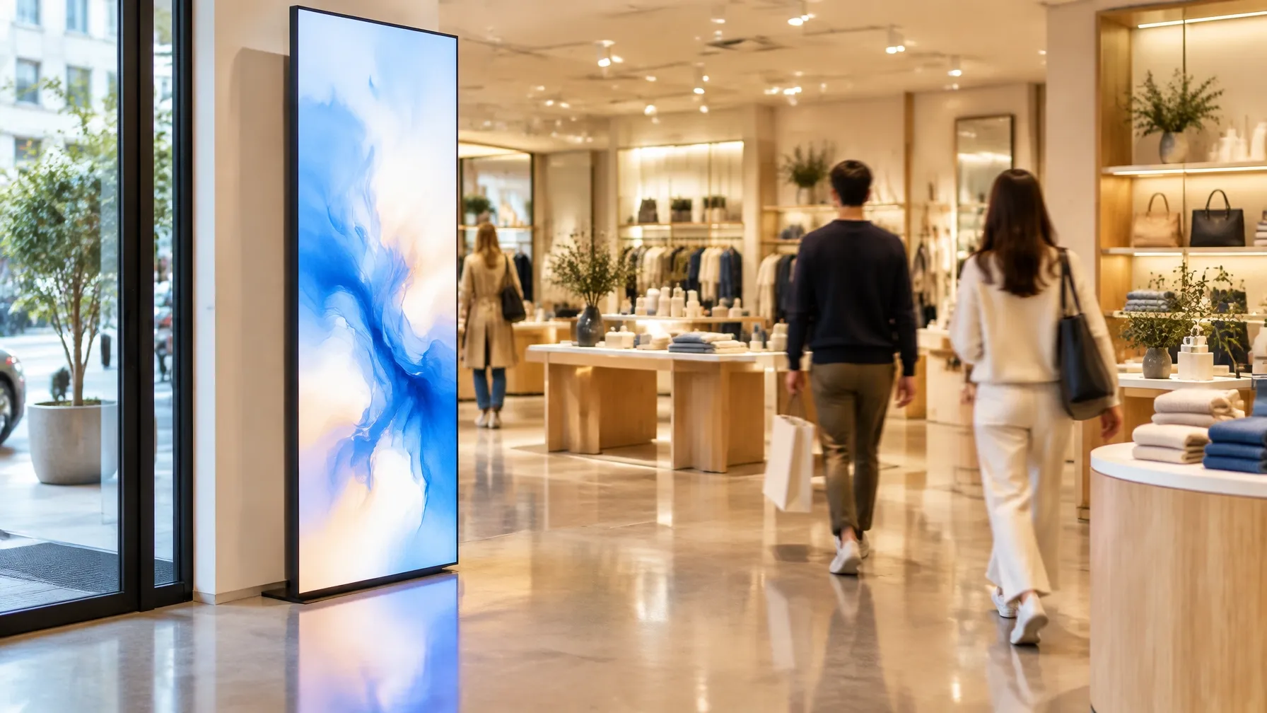 Bright retail store interior with a tall LED display